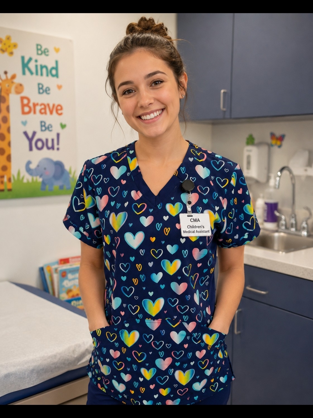 NWOT Women's Blue V-Neck 2 Sided Heart Print Scrub Top. NWOT. Scrubletics. Small